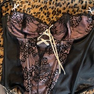 Black Lace-Trim Satin Bustier with Blush Lining